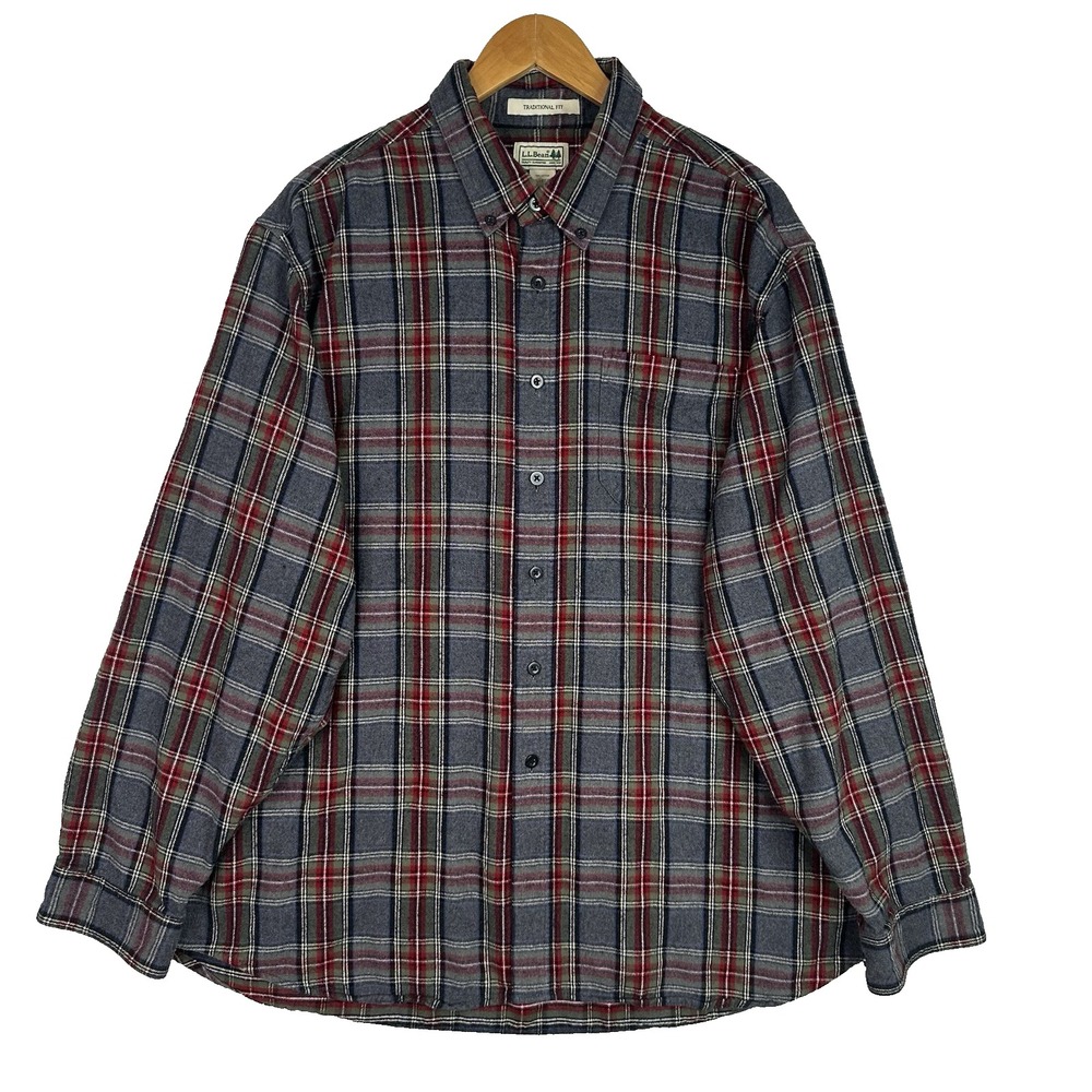 L.L.Bean Mens XL 100% Cotton Flannel Shirt Gray Red Plaid Traditional Fit